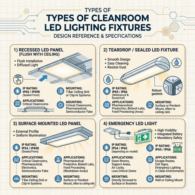 Các loại đèn LED phòng sạch: panel chìm, teardrop IP65, surface-mounted