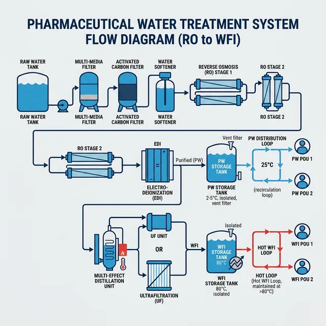 Sơ đồ quy trình hệ thống xử lý nước RO đến WFI cho nhà máy dược phẩm