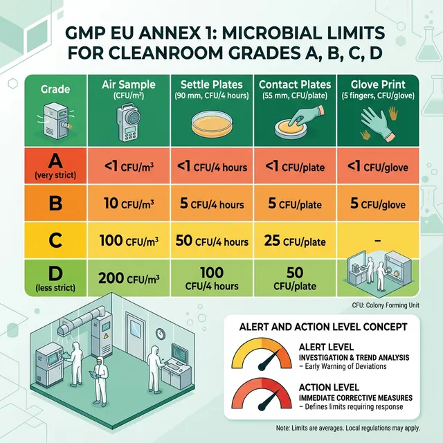 Bảng giới hạn vi sinh theo cấp sạch GMP EU A, B, C, D