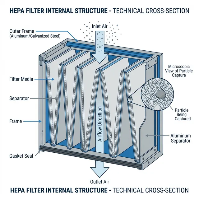 Cấu tạo mặt cắt bộ lọc HEPA với media sợi thủy tinh, separator nhôm và khung