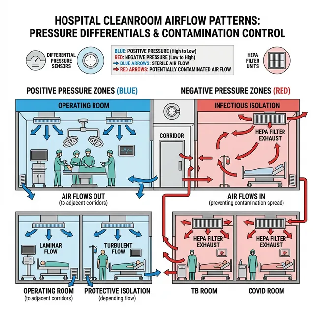 Sơ đồ so sánh phòng áp suất dương và phòng áp suất âm trong bệnh viện