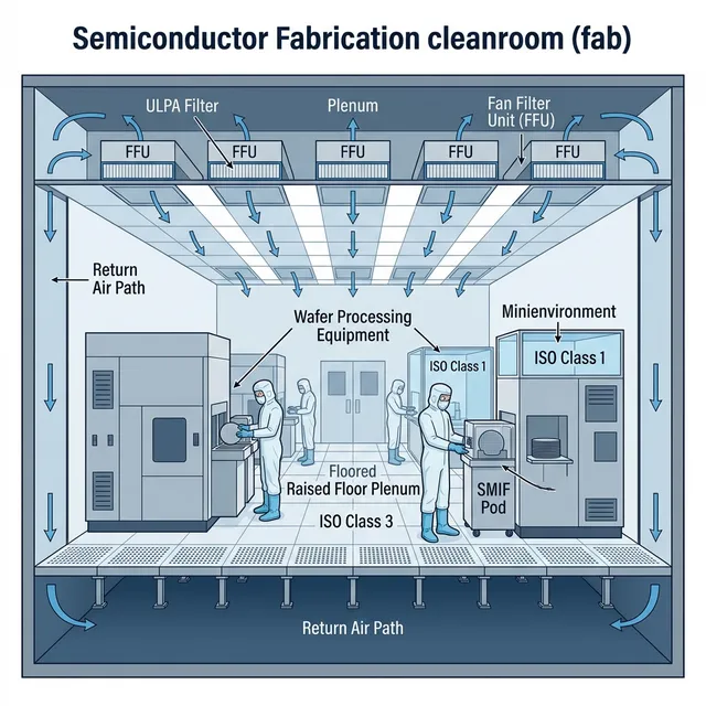Mặt cắt ngang phòng sạch fab bán dẫn với raised floor, FFU và minienvironment
