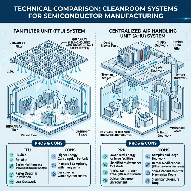 So sánh hệ thống FFU (Fan Filter Unit) và AHU tập trung trong phòng sạch bán dẫn
