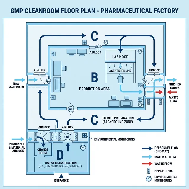 Layout nhà máy dược phẩm GMP với phân vùng A-B-C-D và dòng chảy một chiều
