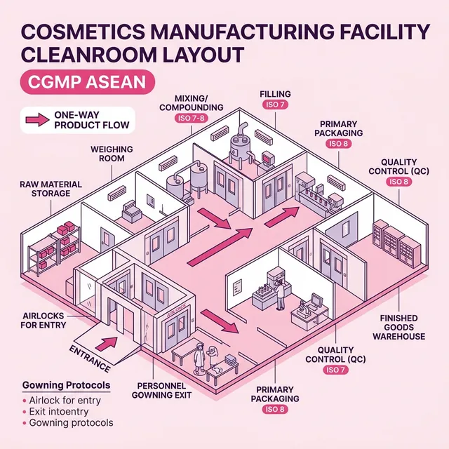 Layout nhà máy mỹ phẩm CGMP ASEAN với phân vùng pha chế, chiết rót, đóng gói