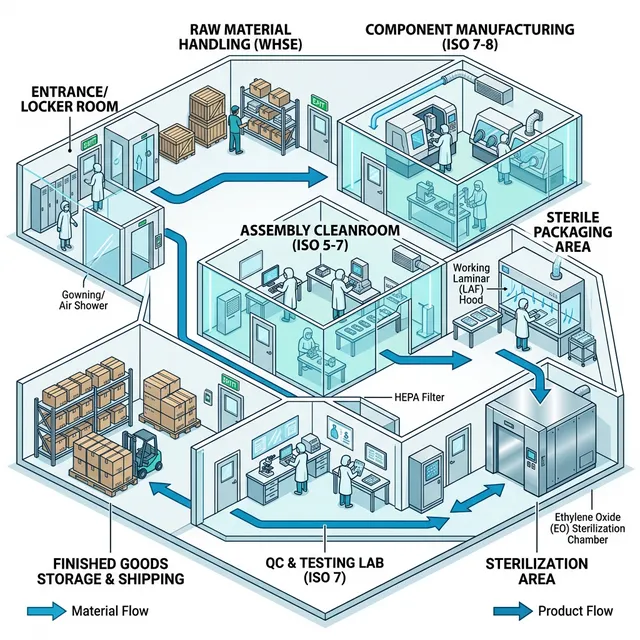 Layout nhà máy sản xuất thiết bị y tế với phòng sạch ISO 5-7 và khu vực tiệt trùng