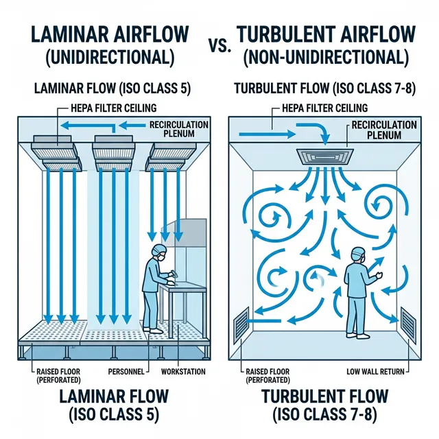 So sánh luồng gió laminar (một chiều) và turbulent (hỗn loạn) trong phòng sạch