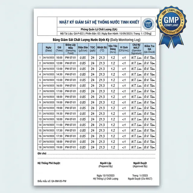 Mẫu logbook giám sát hệ thống nước tinh khiết theo GMP