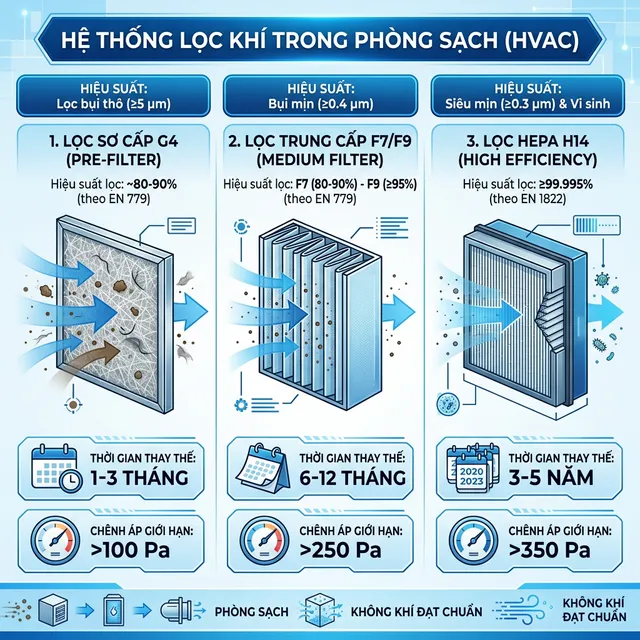 Các loại bộ lọc gió AHU phòng sạch: pre-filter, medium, HEPA