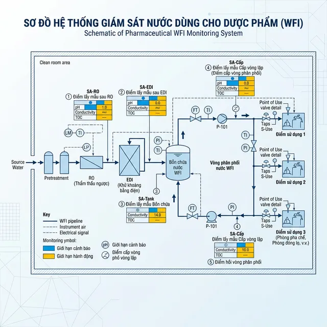 Sơ đồ các điểm giám sát hệ thống nước dược phẩm PW WFI
