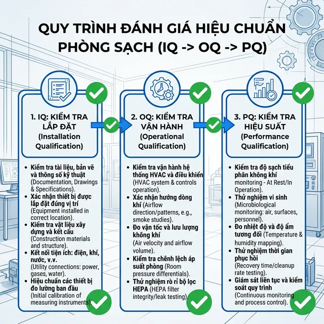 Flowchart quy trình thẩm định IQ OQ PQ phòng sạch với checklist chi tiết