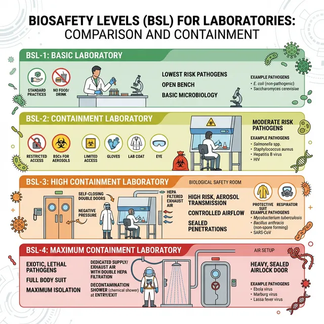 So sánh 4 cấp an toàn sinh học BSL-1 đến BSL-4