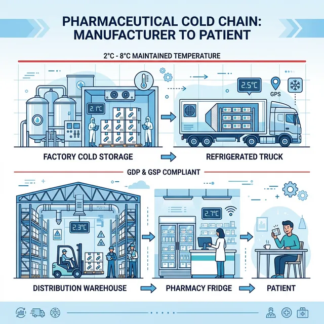 Sơ đồ chuỗi lạnh cold chain dược phẩm từ nhà máy đến bệnh nhân