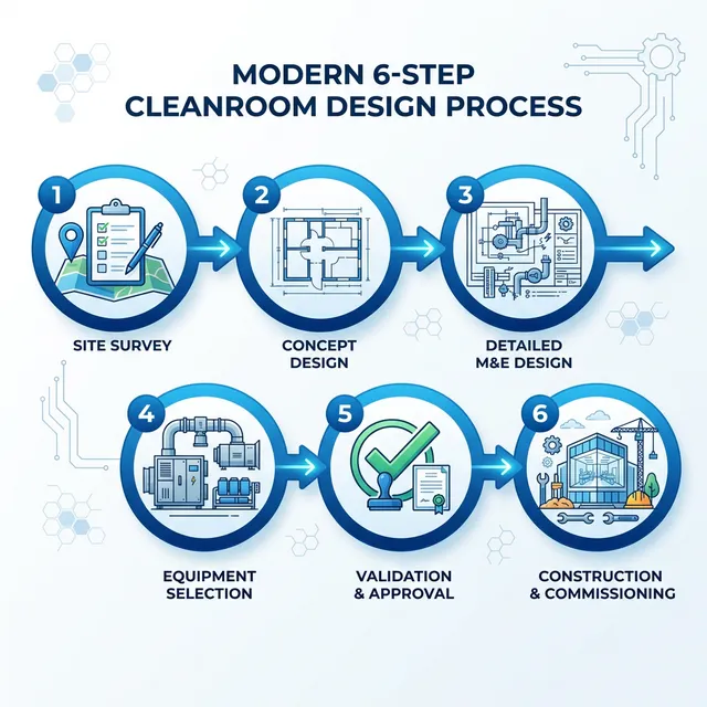 Infographic quy trình 6 bước tư vấn thiết kế phòng sạch từ khảo sát đến nghiệm thu