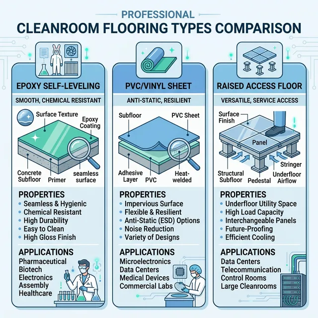 Các loại sàn phòng sạch: epoxy tự san phẳng, PVC/vinyl, sàn nâng